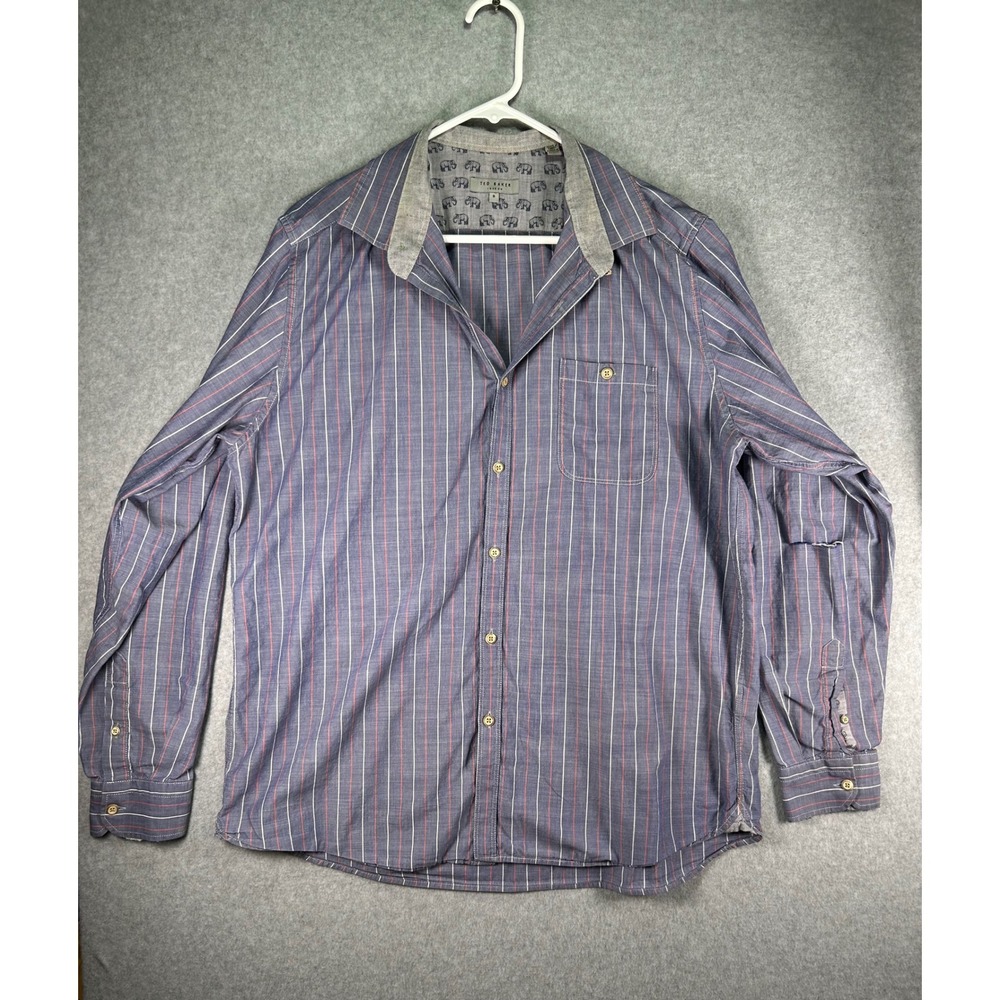 Hole*Ted Baker London Elephant Trim Striped Button Down Shirt Mens 6 XXL Blue